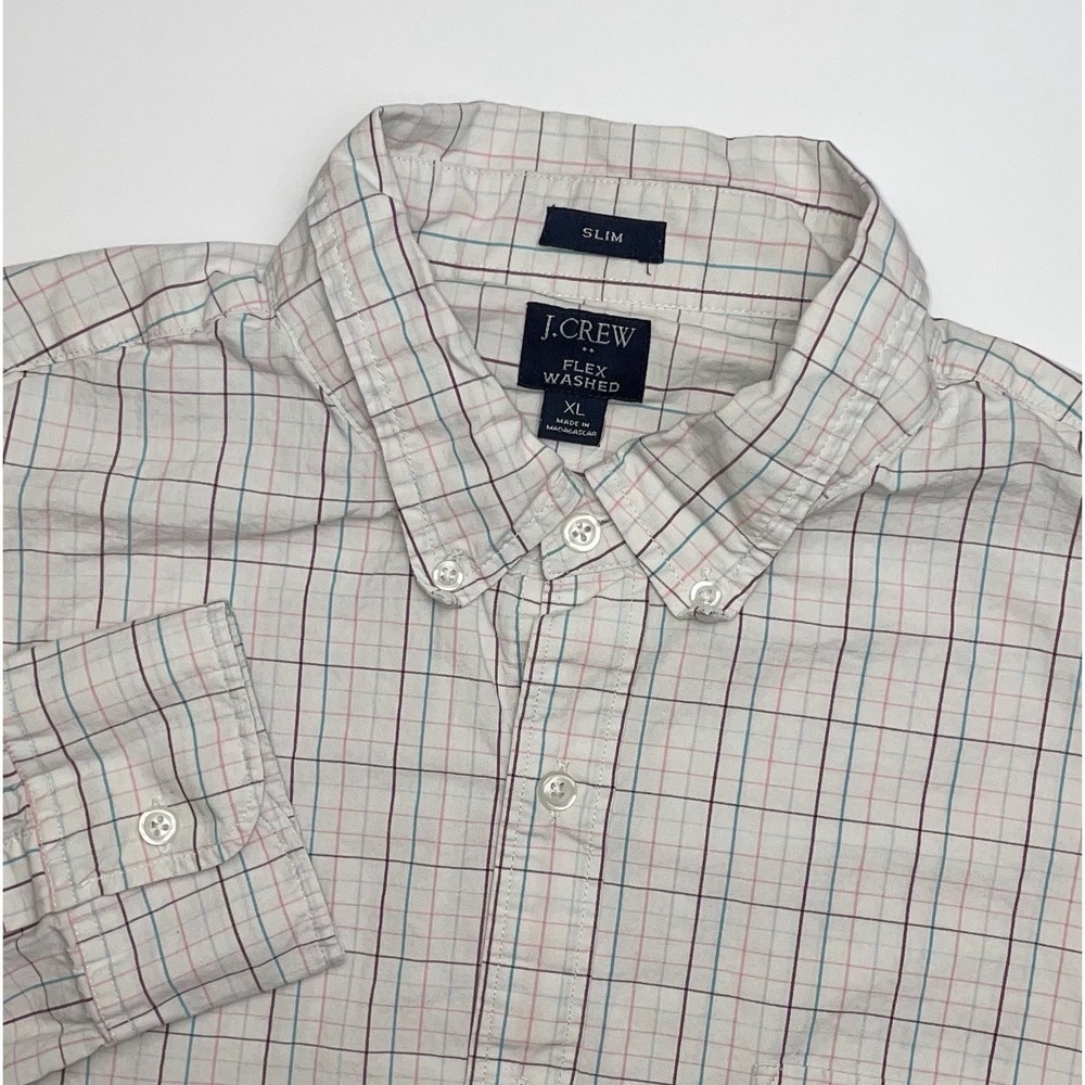 J.Crew Flex Washed Shirt Mens XL‎ Slim White Plaid Cotton Casual Business NWOT